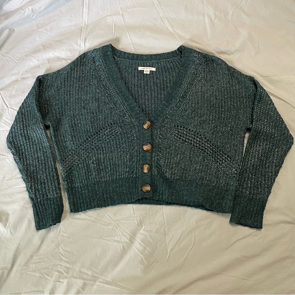 American Eagle crochet button-up cardigan in dark green